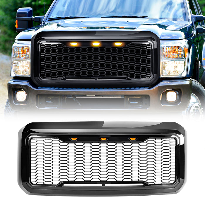 Raptor Style Mesh Grille W/ Amber Lights - Glossy Black For 2011-2016 Ford F250/350/450/550 Super Duty｜American Modified