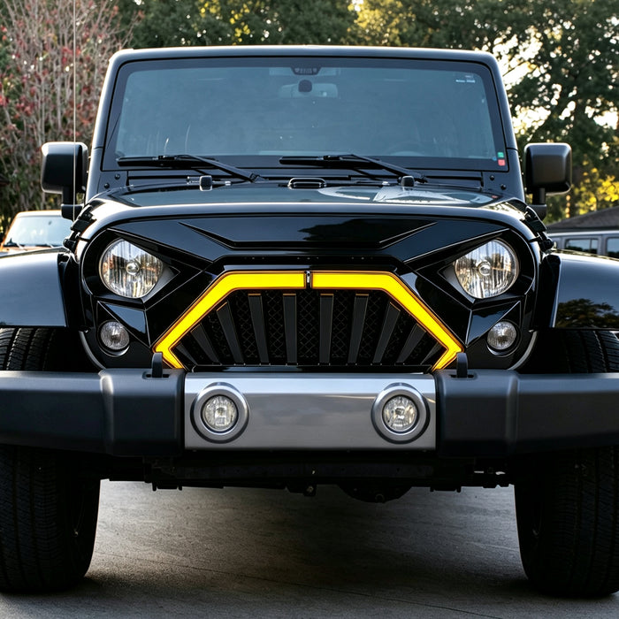 Goliath Grille W/ LED DRL and Turn Signals - Glossy Black For 07-18 Jeep Wrangler JK | American Modified