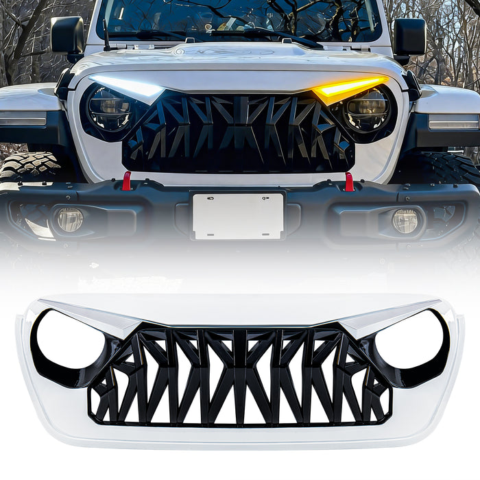 Shark Grille W/ LED Eyebrow DRL and Turn Signals - White & Black For 18+ Jeep Wrangler JL & Gladiator JT | American Modified