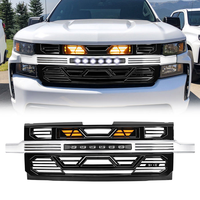Armor Front Grille W/ Off-Road Lights & Amber Lights - Chrome Glossy Black For 2019-2021 Chevy Silverado 1500|American Modified