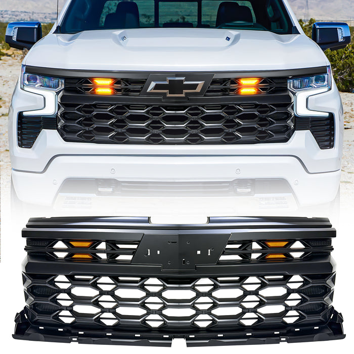 ZR2 Style Grille W/ Emblem Base & Amber Lights - Matte Black For 2022-2024 Chevy Silverado 1500 (Not Fit ZR2) | American Modified