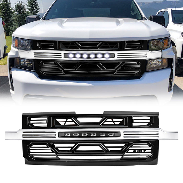 Armor Front Grille W/ Off-Road Lights No Amber Lights - Chrome Glossy Black For 2019-2021 Chevy Silverado 1500 | American Modified