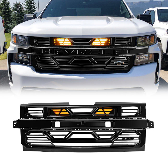Armor Grille W/ Amber Lights & Emblem Holder - Glossy Black For 2019-2021 Chevy Silverado 1500 | American Modified