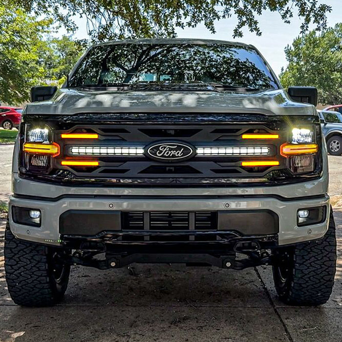 Armor Grille W/ DRL, Amber Lights & OEM Emblem Hole - Matte Black For 2024+ Ford F150 Tremor