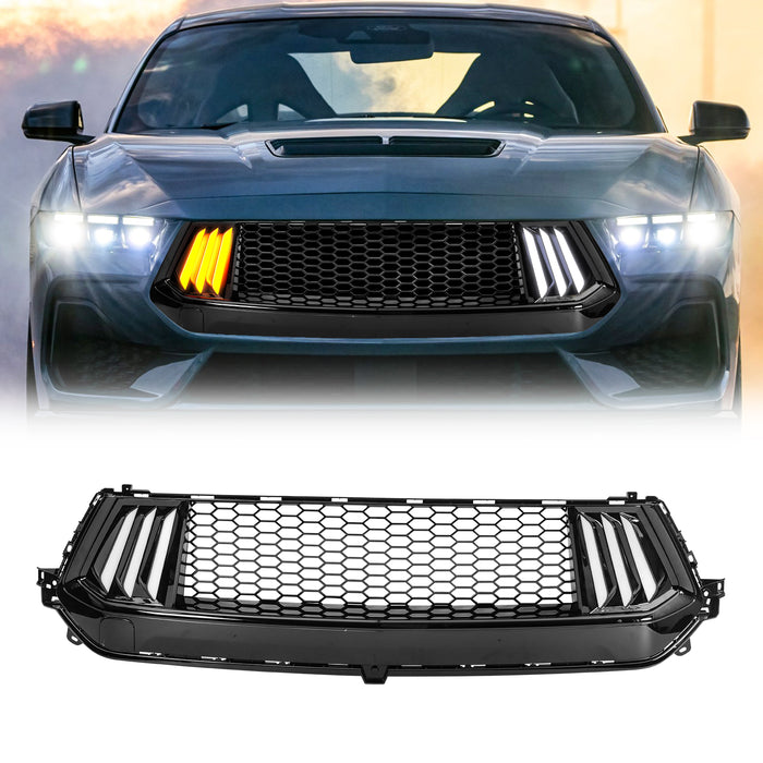 Upper Grille W/ Tri-LED DRL & Turn Signal - Glossy Black For 24+ Ford Mustang | American Modified