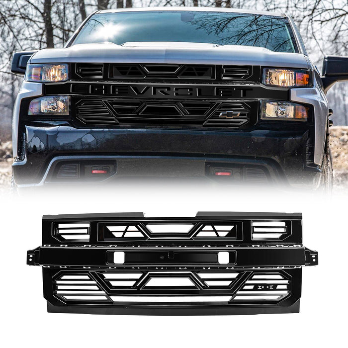 Armor Grille W/ Emblem Holder No Amber Lights - Glossy Black For 2019-2021 Chevy Silverado 1500 | American Modified