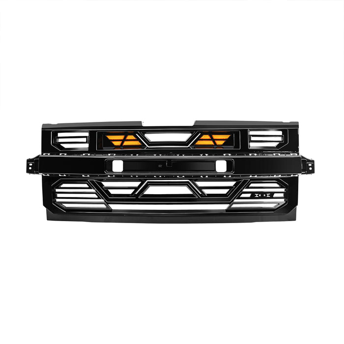 Armor Grille W/ Amber Lights & Emblem Holder - Glossy Black For 2019-2021 Chevy Silverado 1500 | American Modified