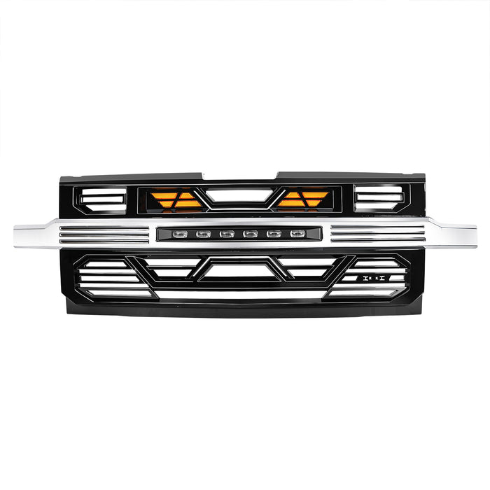 Armor Front Grille W/ Off-Road Lights & Amber Lights - Chrome Glossy Black For 2019-2021 Chevy Silverado 1500|American Modified