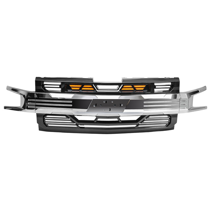 Armor Grille W/ Amber Lights & Emblem Holder - Chrome Glossy Black For 2019-2021 Chevy Silverado 1500| American Modified