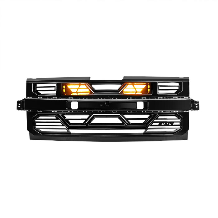 Armor Grille W/ Amber Lights & Emblem Holder - Glossy Black For 2019-2021 Chevy Silverado 1500 | American Modified