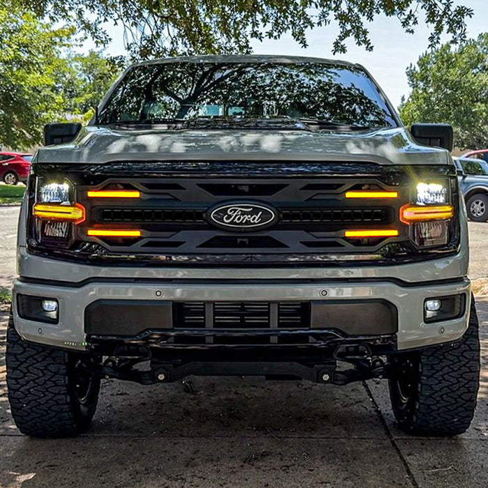 Armor Grille W/ Amber Lights & OEM Emblem Hole - Matte Black For 2024+ Ford F150 Tremor