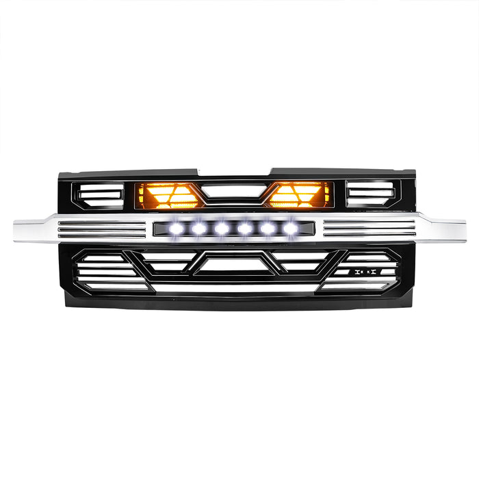 Armor Front Grille W/ Off-Road Lights & Amber Lights - Chrome Glossy Black For 2019-2021 Chevy Silverado 1500|American Modified