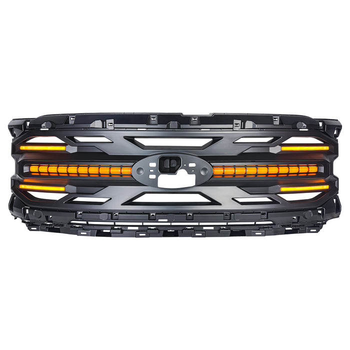 Armor Grille W/ DRL, Amber Lights & OEM Emblem Hole - Matte Black For 2024+ Ford F150 Tremor | American Modified