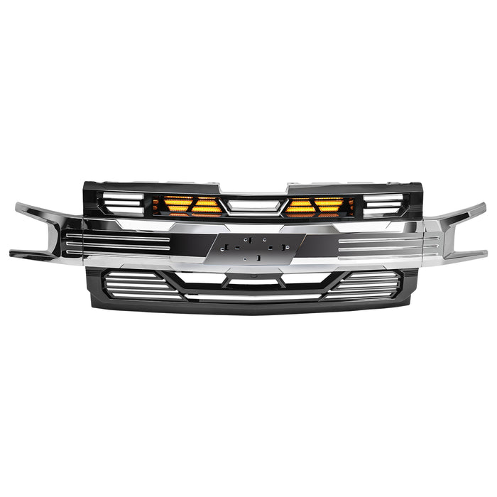 Armor Grille W/ Amber Lights & Emblem Holder - Chrome Glossy Black For 2019-2021 Chevy Silverado 1500| American Modified