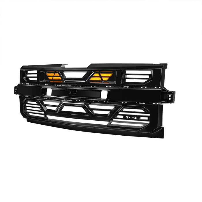 Armor Grille W/ Amber Lights & Emblem Holder - Glossy Black For 2019-2021 Chevy Silverado 1500 | American Modified