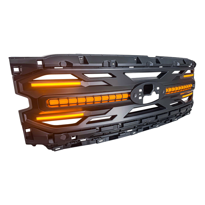 Armor Grille W/ DRL, Amber Lights & OEM Emblem Hole - Matte Black For 2024+ Ford F150 Tremor | American Modified
