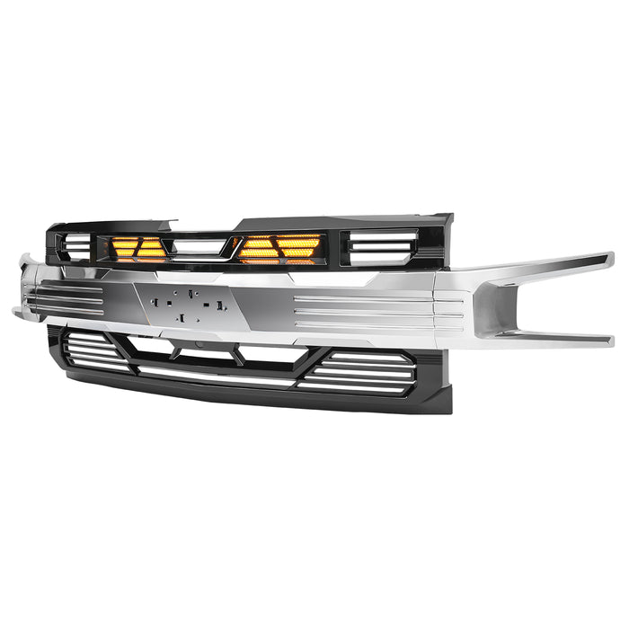 Armor Grille W/ Amber Lights & Emblem Holder - Chrome Glossy Black For 2019-2021 Chevy Silverado 1500| American Modified