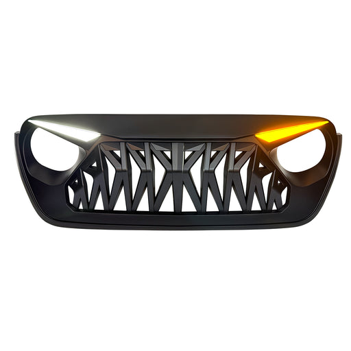 Shark Grille  w/ LED Eyebrow DRL and Turn Signals - Matte Black For 18+ Jeep Wrangler JL & Gladiator JT | AMERICAN MODIFIED