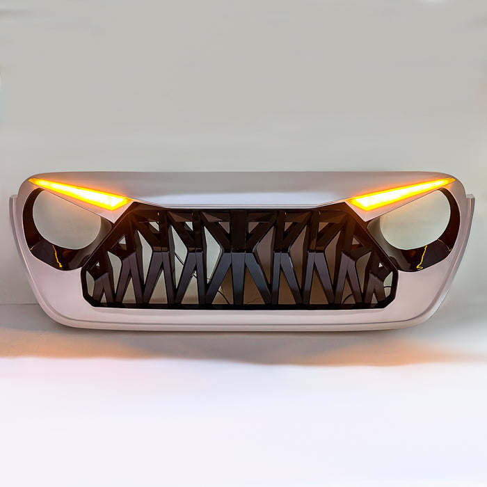 Shark Grille W/ LED Eyebrow DRL and Turn Signals - White & Black For 18+ Jeep Wrangler JL & Gladiator JT | American Modified