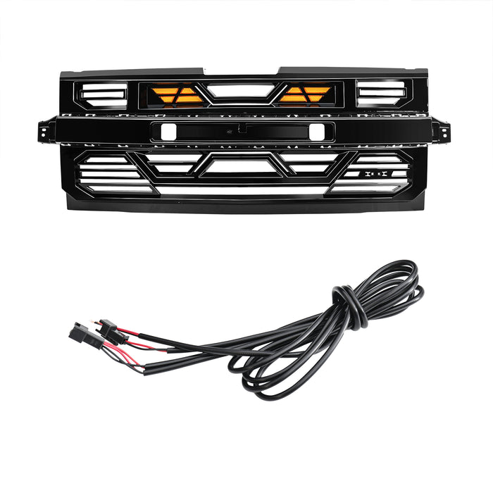 Armor Grille W/ Amber Lights & Emblem Holder - Glossy Black For 2019-2021 Chevy Silverado 1500 | American Modified