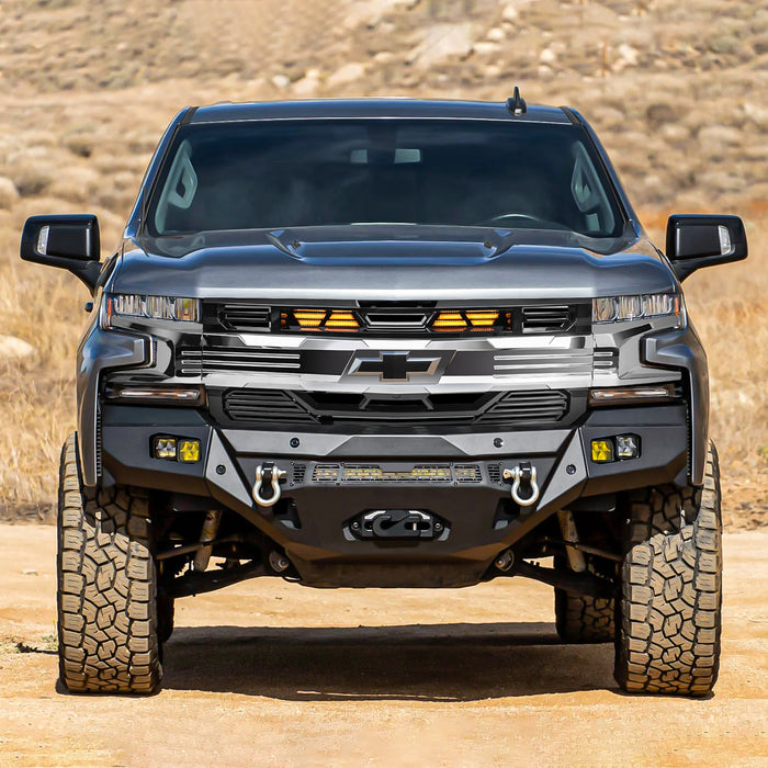 Armor Grille W/ Amber Lights & Emblem Holder - Chrome Glossy Black For 2019-2021 Chevy Silverado 1500| American Modified