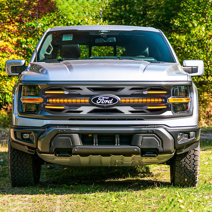 Armor Grille W/ DRL, Amber Lights & OEM Emblem Hole - Matte Black For 2024+ Ford F150 Tremor | American Modified
