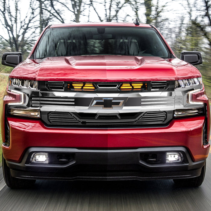 Armor Grille W/ Amber Lights & Emblem Holder - Chrome Glossy Black For 2019-2021 Chevy Silverado 1500| American Modified