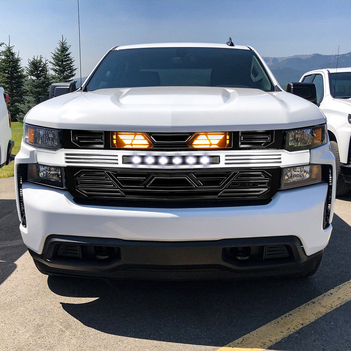 Armor Front Grille W/ Off-Road Lights & Amber Lights - Chrome Glossy Black For 2019-2021 Chevy Silverado 1500|American Modified