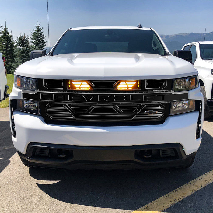 Armor Grille W/ Amber Lights & Emblem Holder - Glossy Black For 2019-2021 Chevy Silverado 1500 | American Modified