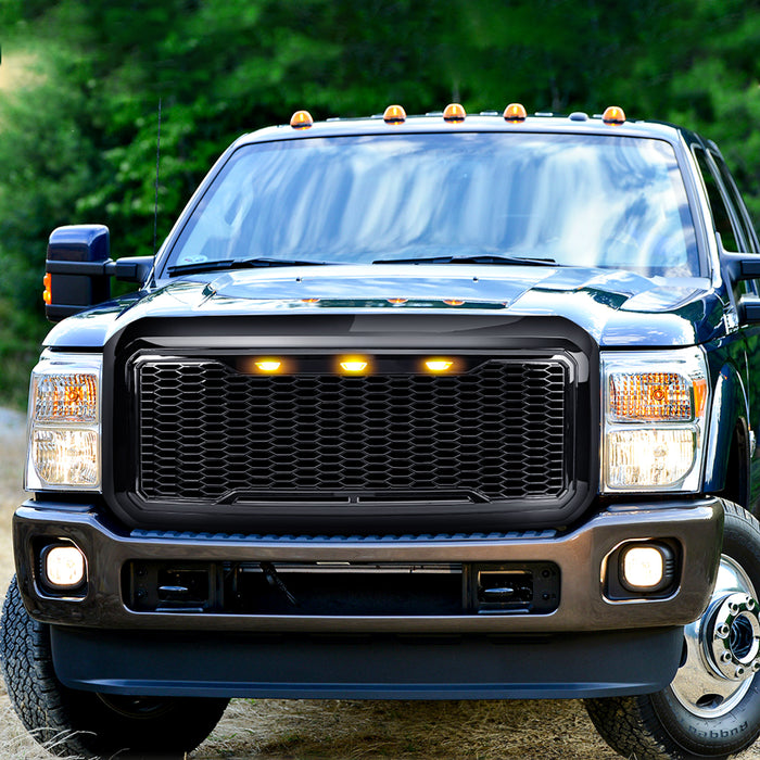 Raptor Style Mesh Grille W/ Amber Lights - Glossy Black For 2011-2016 Ford F250/350/450/550 Super Duty｜American Modified