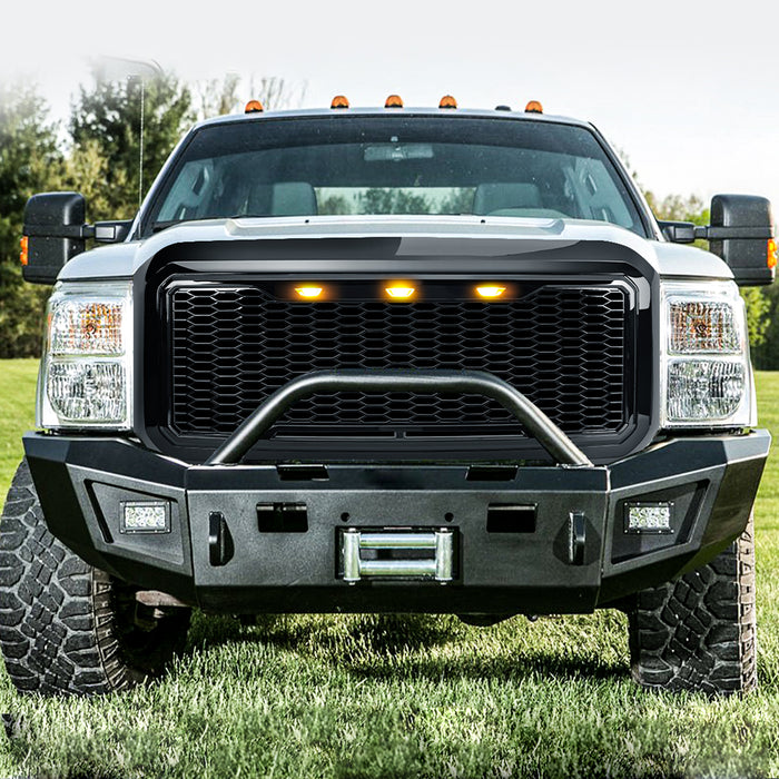 Raptor Style Mesh Grille W/ Amber Lights - Glossy Black For 2011-2016 Ford F250/350/450/550 Super Duty｜American Modified