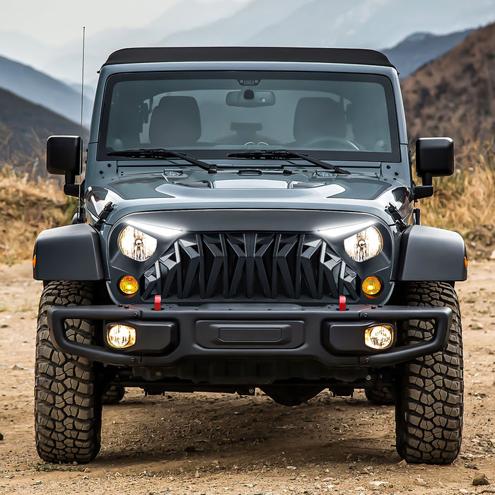 Shark Grille  w/ LED Eyebrow DRL and Turn Signals - Matte Black For 07-18 Jeep Wrangler JK | AMERICAN MODIFIED