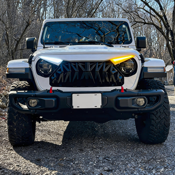 Shark Grille W/ LED Eyebrow DRL and Turn Signals - White & Black For 18+ Jeep Wrangler JL & Gladiator JT | American Modified