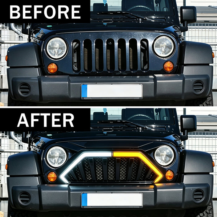 Goliath Grille W/ LED DRL and Turn Signals - Glossy Black For 07-18 Jeep Wrangler JK | American Modified