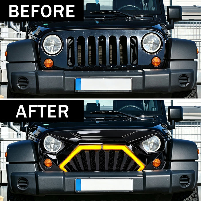 Goliath Grille W/ LED DRL and Turn Signals - Glossy Black For 07-18 Jeep Wrangler JK | American Modified