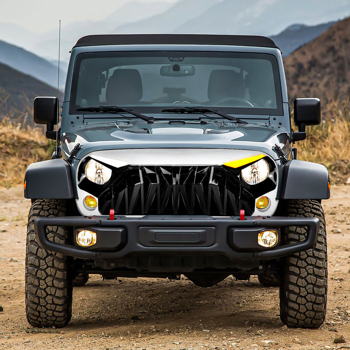 Shark Grille W/ LED Eyebrow DRL and Turn Signals - White & Black For 07-18 Jeep Wrangler JK | American Modified