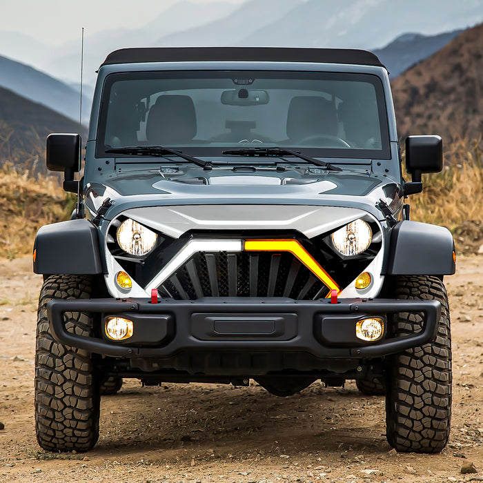 Goliath Grille W/ LED DRL and Turn Signals - White & Black For 07-18 Jeep Wrangler JK | American Modified