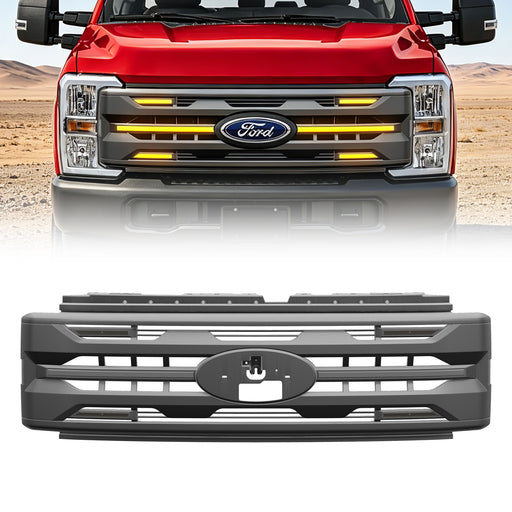 Armor Grille w/ DRL, Amber Lights & OEM Emblem Hole - Matte Black For 2023-2027 Ford F-250 / F-350 Super Duty XL / XLT | American Modified