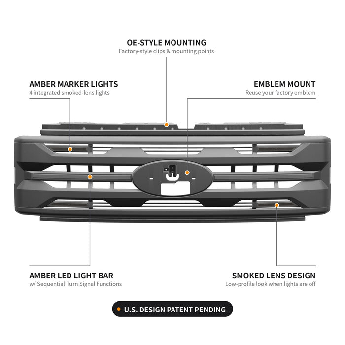 Armor Grille w/ DRL, Amber Lights & OEM Emblem Hole - Matte Black For 2023-2027 Ford F-250 / F-350 Super Duty XL / XLT | American Modified