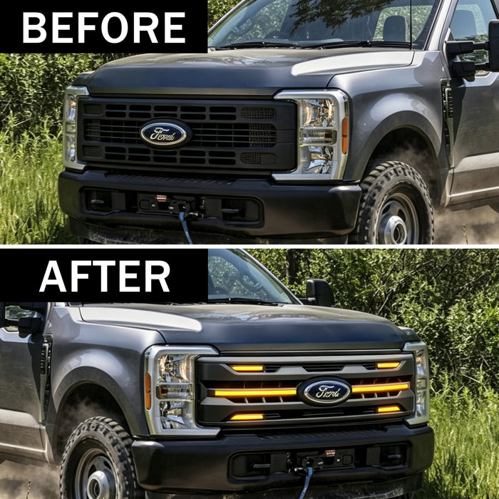 Armor Grille w/ DRL, Amber Lights & OEM Emblem Hole - Matte Black For 2023-2027 Ford F-250 / F-350 Super Duty XL / XLT | American Modified