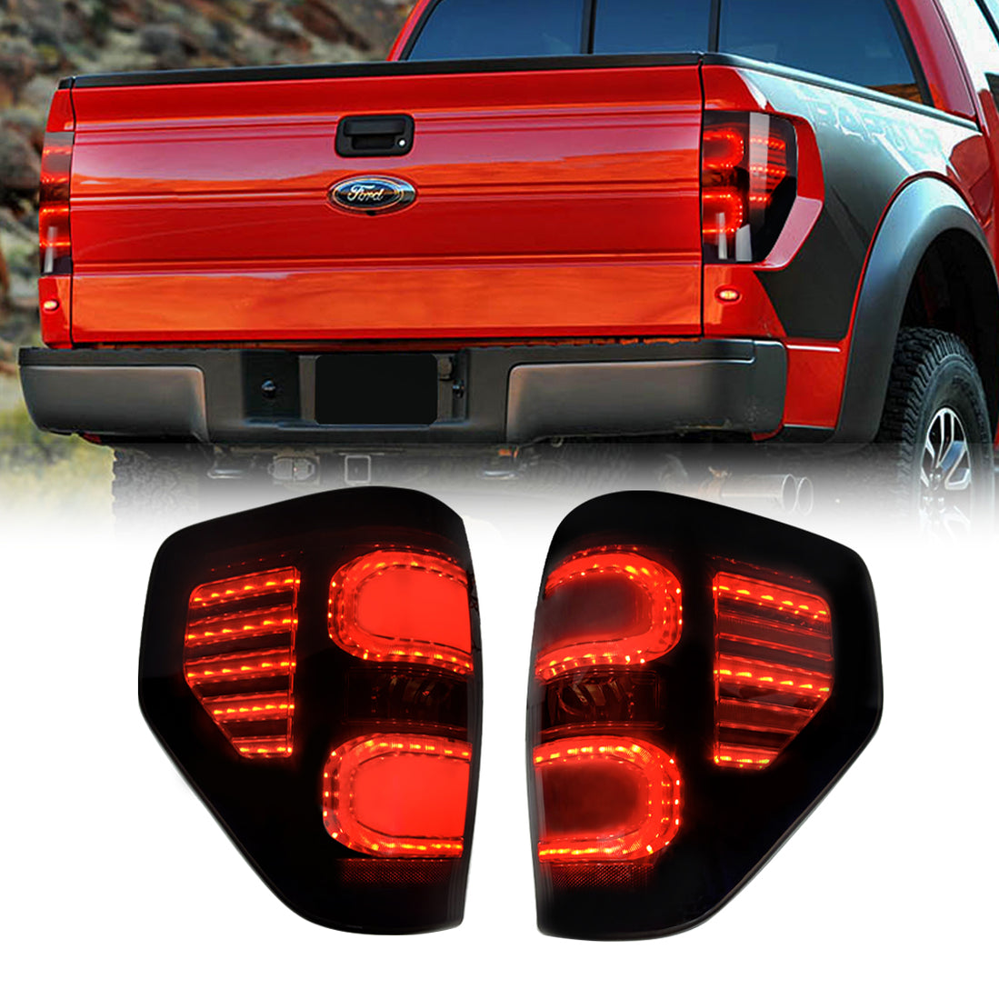 09-14 Ford F150 New full smoked taillights W/bulbs — AMERICAN MODIFIED