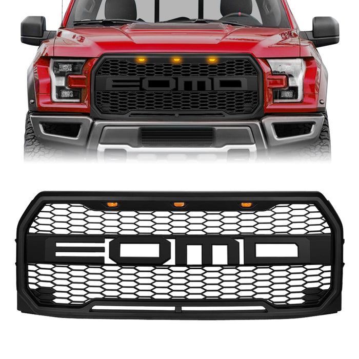 Raptor Style Front Grill Bumper Hood Mesh Grille W/ LED - Matte Black For 2015-2017 Ford F150