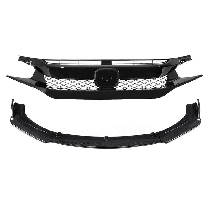 Knife Style Front Lips Chin Spoiler & Type R Style Grille Combo (16-18 Honda Civic) Body Kits AMERICAN MODIFIED 