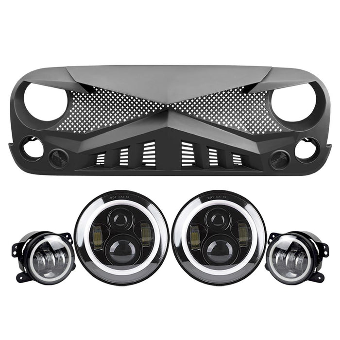 Hawke Grille & Halo Headlights & Halo Fog Lights Combo (07-18 Wrangler JK) Headlights Grille Combo AMERICAN MODIFIED 