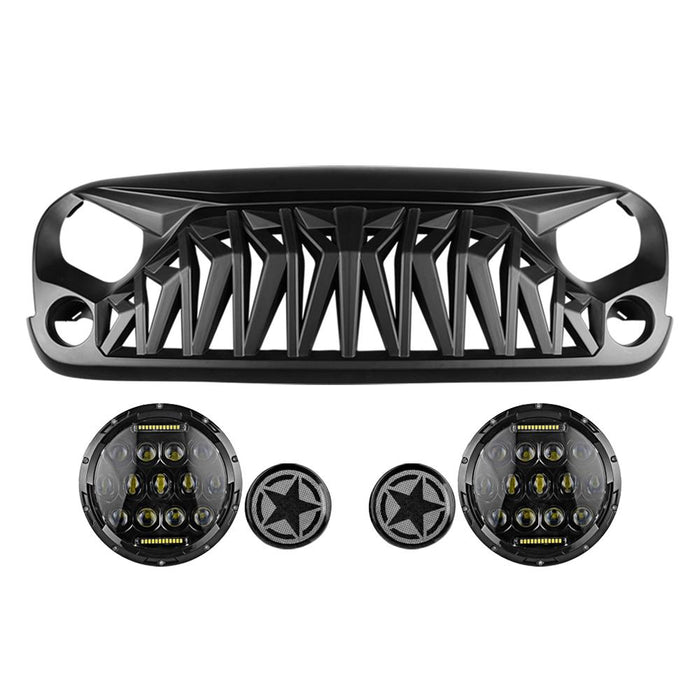 Shark Grille & Honeycomb Headlights & Amber Turn Signals Combo (07-18 Wranger JK/ JKU) Headlights Grille Combo AMERICAN MODIFIED 