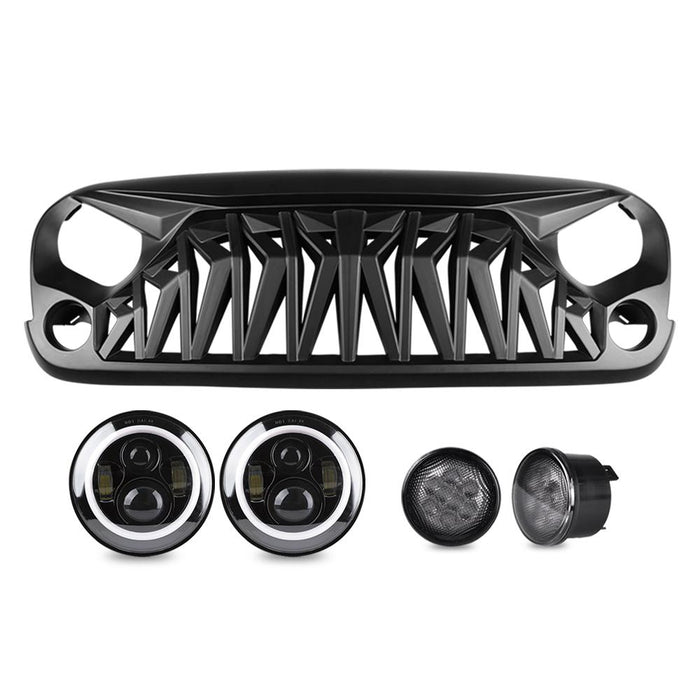 Halo Headlights & Shark Grille & Smoke Turn Signal Lights Combo (07-18 Jeep Wranger JK/ JKU) Headlights Grille Combo AMERICAN MODIFIED 