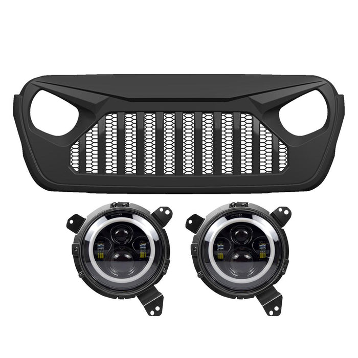 Vader Grille w/ Mesh & Halo Headlights Combo (18-20 Wrangler JL & Gladiator JT) Headlights Grille Combo AMERICAN MODIFIED 