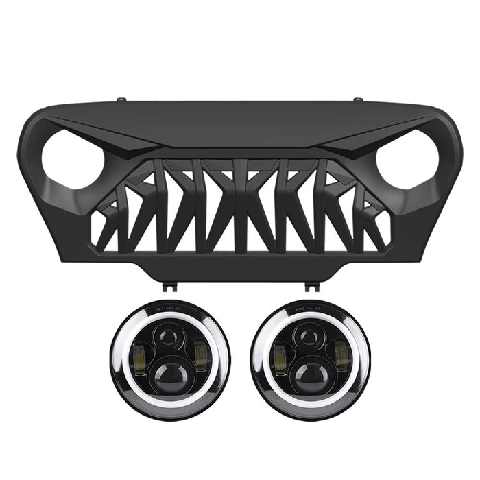 Shark Grille & Halo Headlights Combo (97 - 06 Wrangler TJ) Headlights Grille Combo AMERICAN MODIFIED 