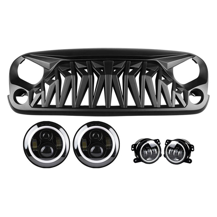 Shark Grille & Halo Headlights & Halo Fog Lights Combo (07-18 Wrangler JK/ JKU) Headlights Grille Combo AMERICAN MODIFIED 