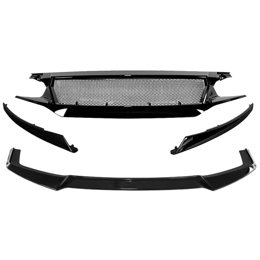 Glossy Black Sports Grille & Front Lip Chin Spoiler Combo for 2016-2020 Honda Civic Hatchback丨American Modified